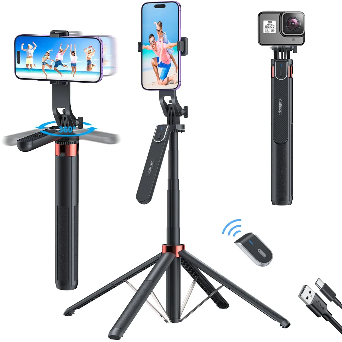 Celfiexpt 71-inch Selfie Stick Tripod 360 Degree Rotation Rechargeable Remote Quadripod Stand Gimbal Handle...