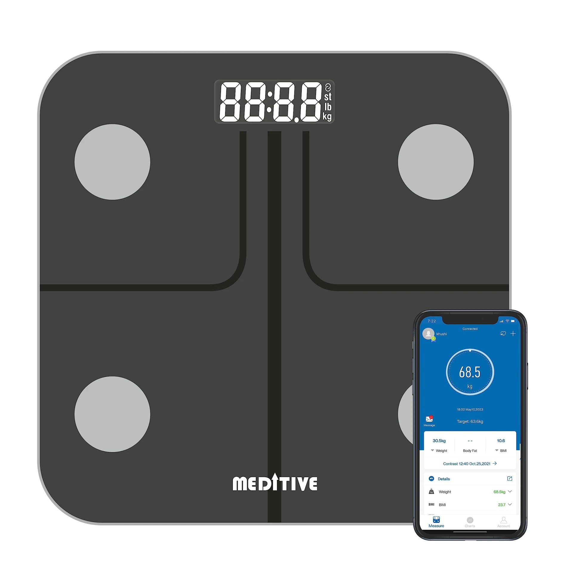 MEDITIVE Bluetooth Digital BMI Weight Scale with Body Fat Analyzer and Fitness Body Composition Monitor, with Mobile App, ...