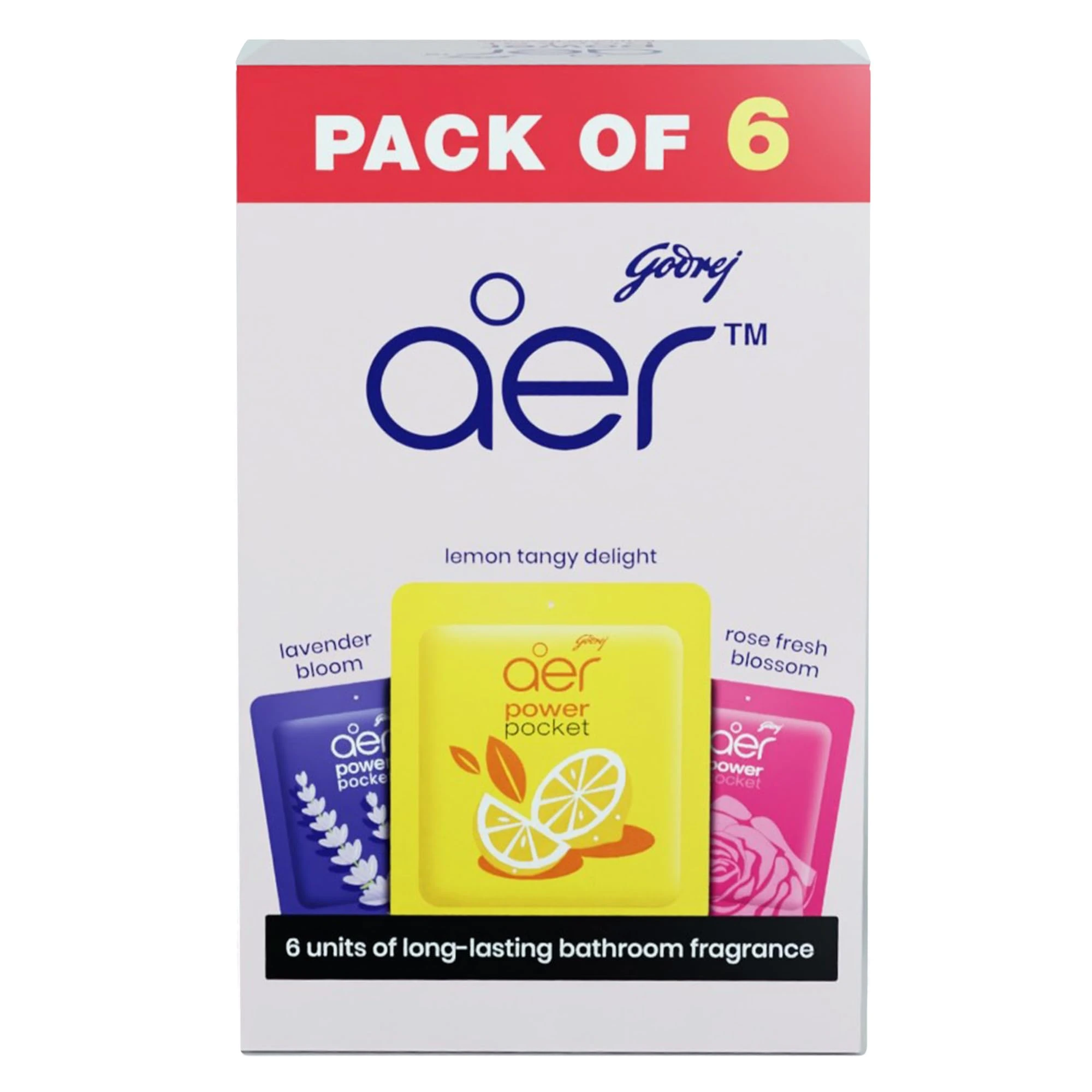 Godrej aer Power Pocket | Bathroom freshener – Assorted Pack of 6 | Lasts up to 30 days | Toilet freshener, 60g