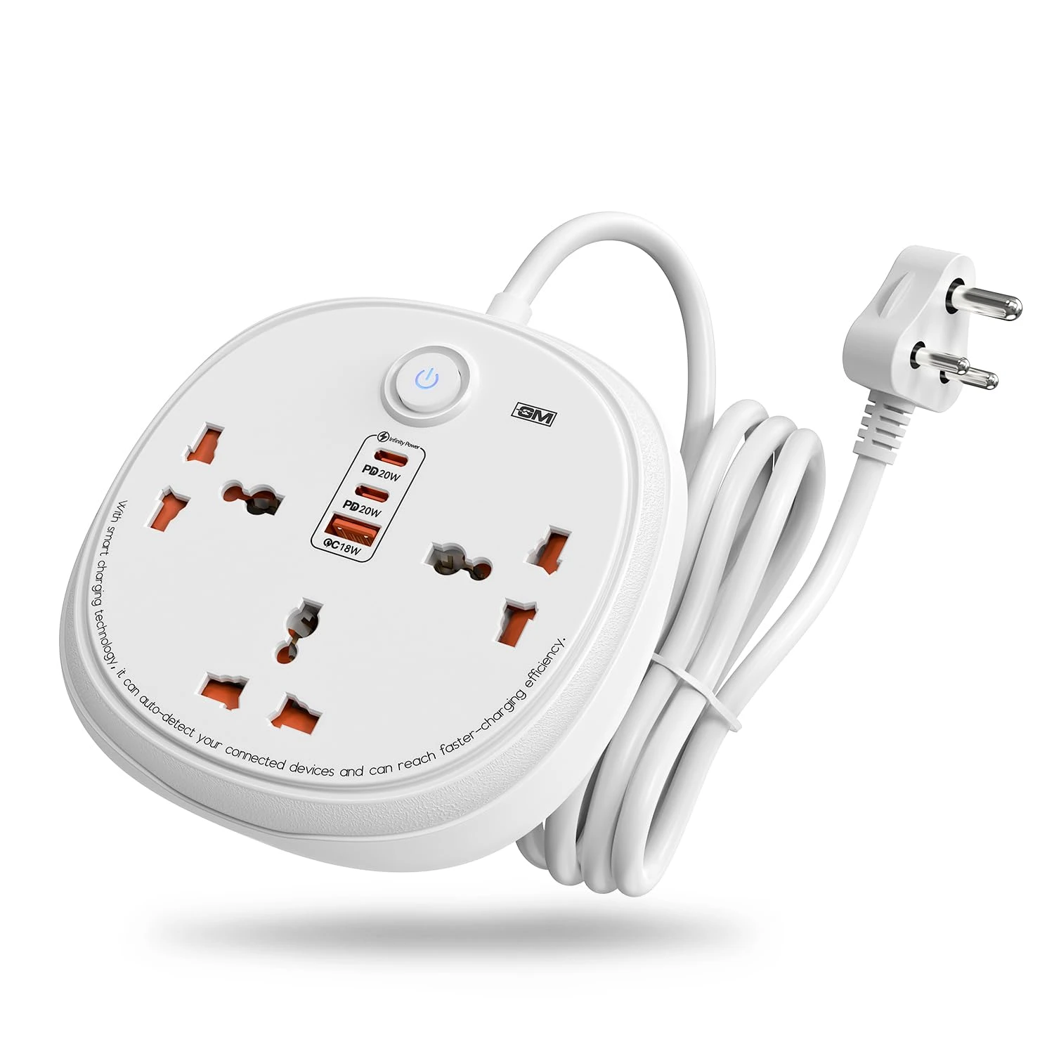 GM 6-in-1 PD Power Strip Extension Board with USB Port, 3 Universal Sockets & 2 Mtr Cord | 2 Type-C & 1 USB-A | Neon Indic...