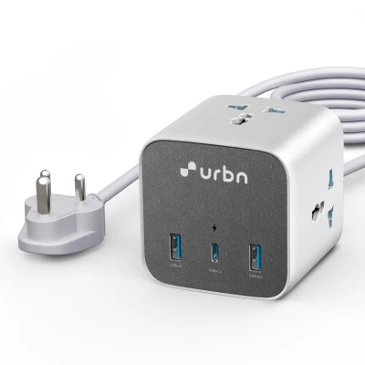 URBN 6-in-1 Qube Core Power Strip | 3 Universal Sockets (2500W) + 3 USB Ports (20W PD) | Fast Charging | Heavy Duty 2m Pow...