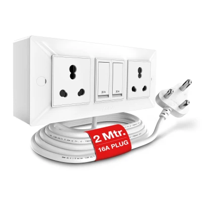 GM Cuba 16A 2+2 Extension Board with 2Mtr Extension Cord, Heavy-Duty Power Strip with Dual 20A Switches, 16A 3-Pin Plug,fo...