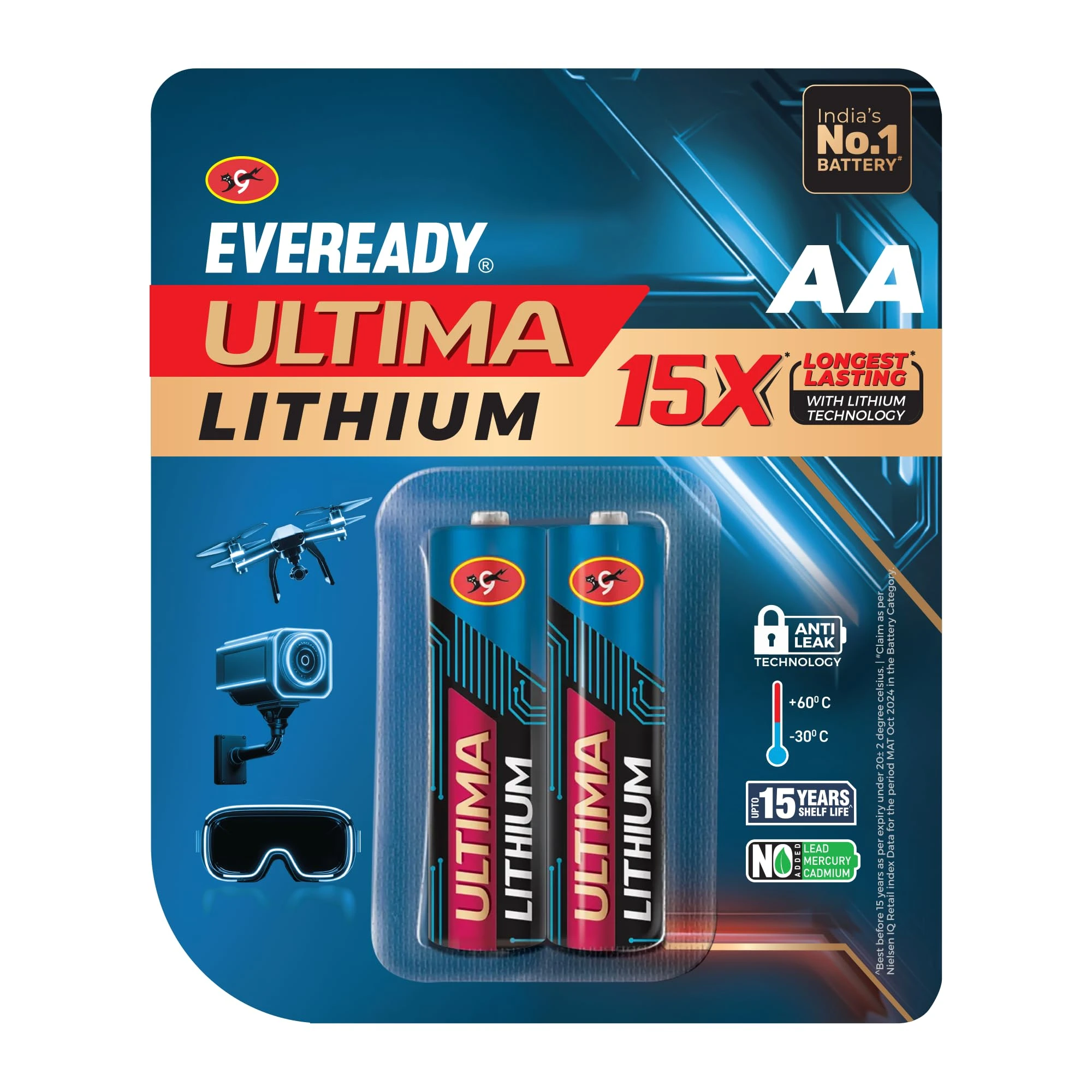 EVEREADY Ultima Lithium AA Batteries – Pack of 2, 15X Longest Lasting, Anti-Leak Technology, Lightweight for High Performa...