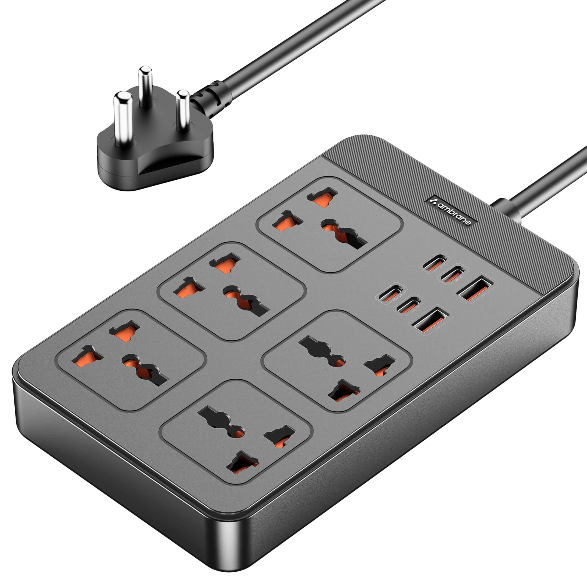 Ambrane Extension Board, 4 Type C, 2 USB, 5 International Power Sockets, 2500W Output, Long Cable, Wall Mou...
