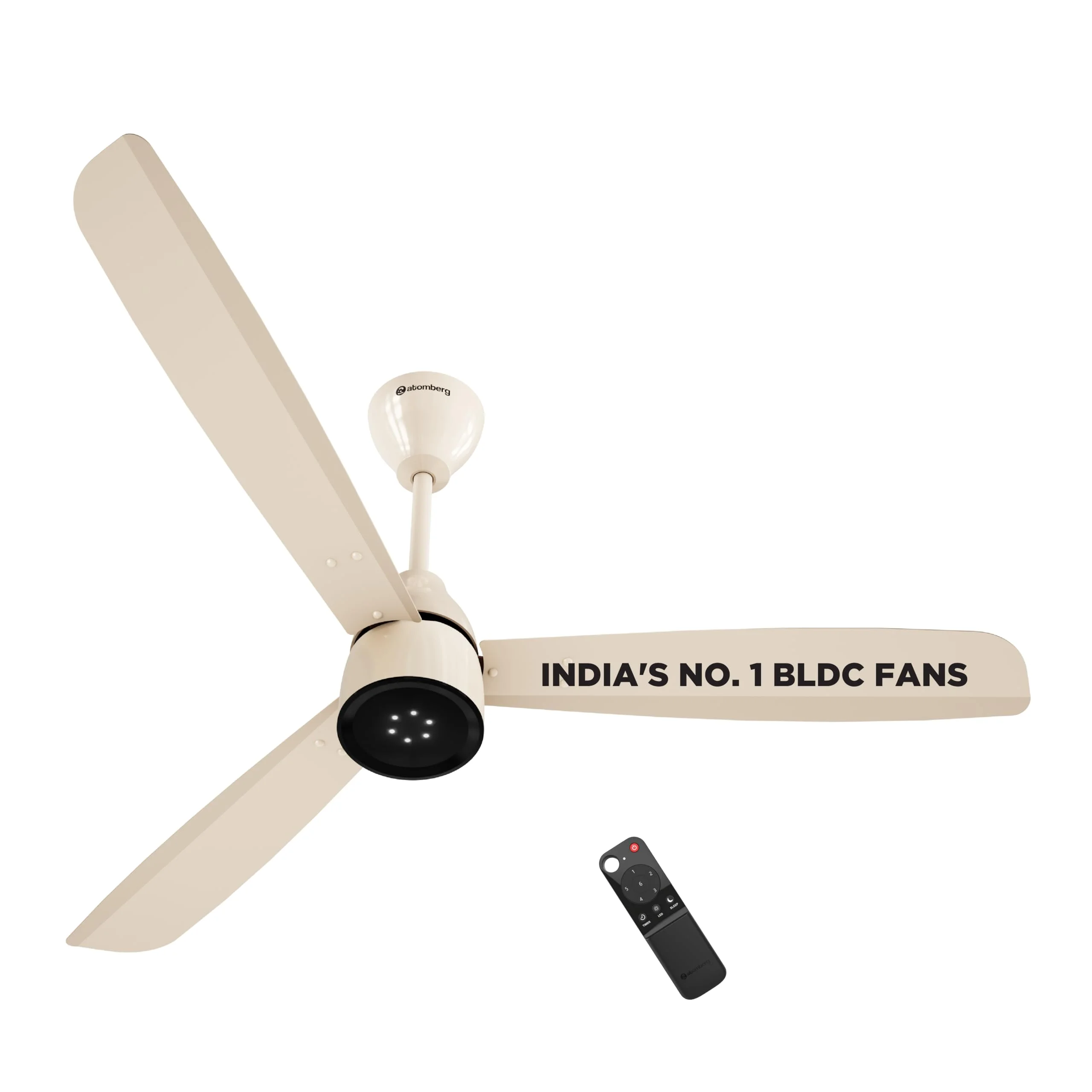 atomberg Renesa Enzel 1200mm BLDC Ceiling Fan with Remote | 5 star | Advance Air+ Technology | LED Speed Indicator | Low Noise | Sleek Design | Power Saving | 3 Year Warranty | Seasand Ivory — VK Furniture & Electronics | VK Furniture Mangalore