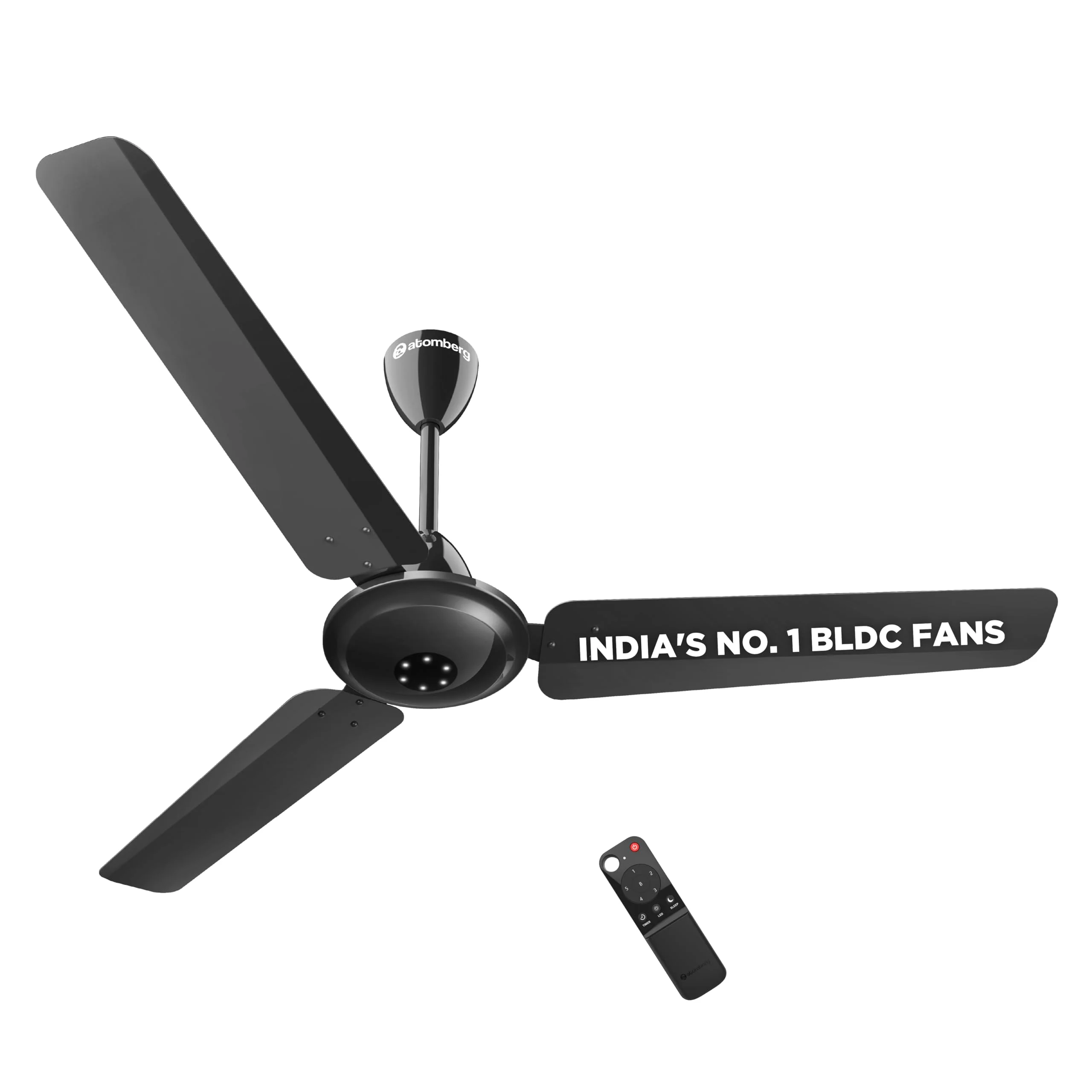 atomberg Efficio Alpha 1200mm BLDC Ceiling Fan with Remote Control | BEE 5 star Rated Energy Efficient Ceiling Fan | High Air Delivery with LED Indicators | 2 Year Warranty (Gloss Black) — VK Furniture & Electronics | VK Furniture Mangalore
