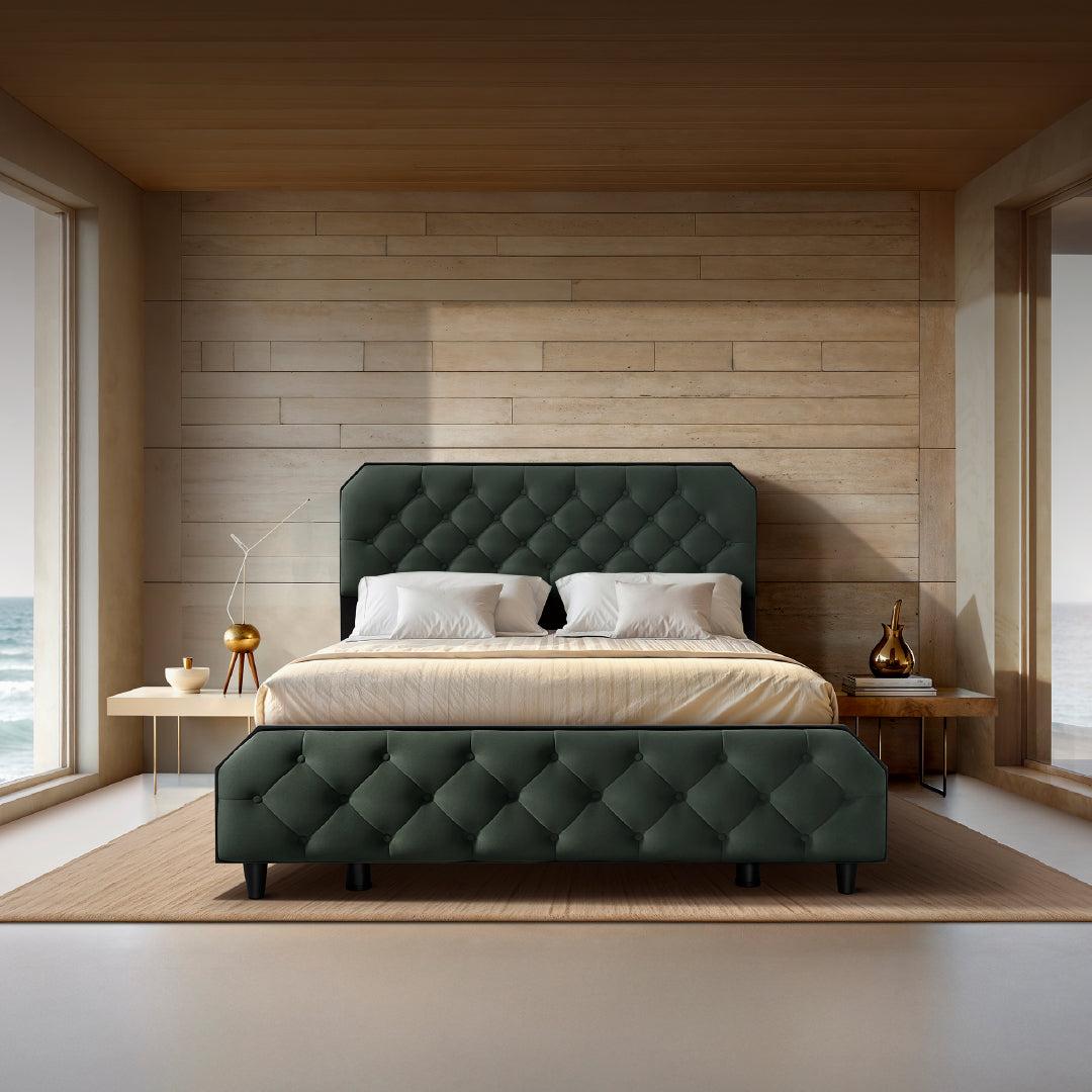 Serene Mountain View Upholstered Bed - Green — VK Furniture & Electronics | VK Furniture Mangalore