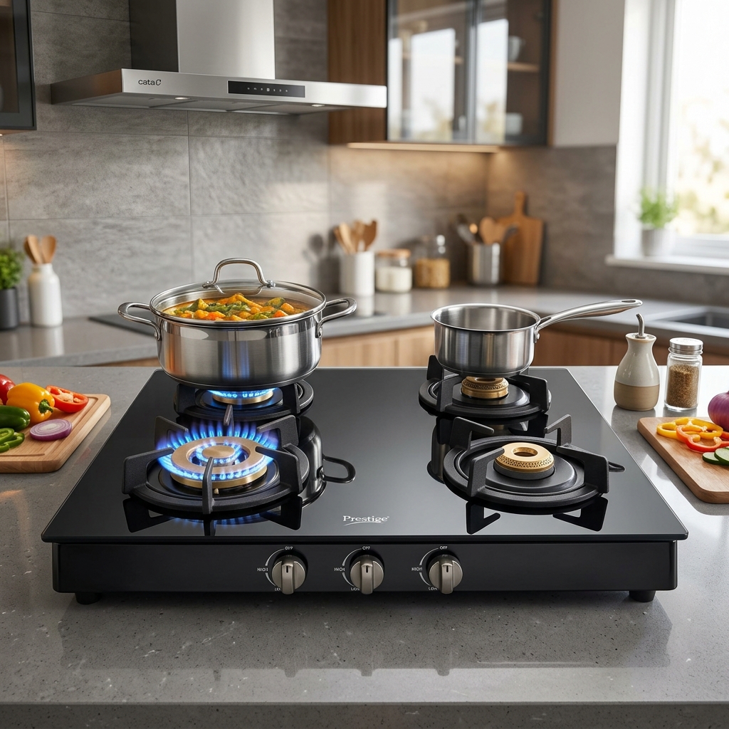 BlowHot Glass Top Manual Ignition 2 Burner Gas Stove (Black/Silver) — VK Furniture & Electronics | VK Furniture Mangalore