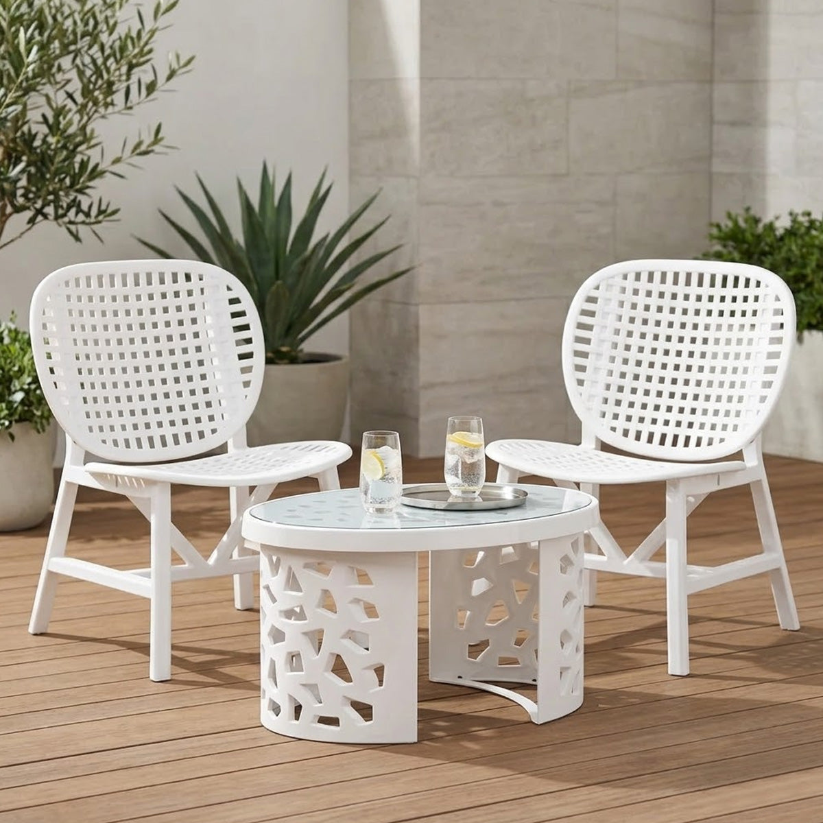 NILKAMAL ARENA CHAIRS AND CRYSTAL GLASS TOP COFFEE TABLE PLASTIC OUTDOOR SET (MILKY WHITE) — Nilkamal | VK Furniture Mangalore