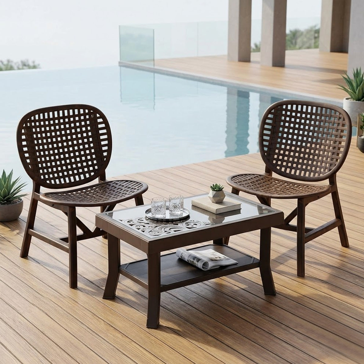 Nilkamal Arena Chairs and Glass Top Coffee Table Plastic Outdoor Set (Walnut & Weather Brown)