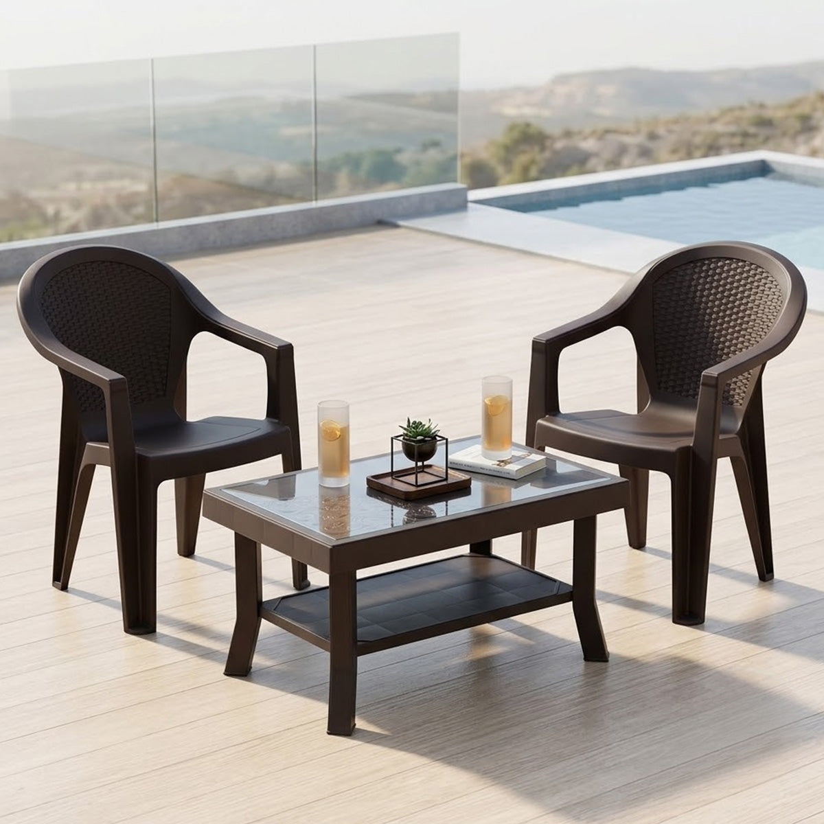 NILKAMAL EXOTICA CHAIRS AND GLASS TOP COFFEE TABLE PLASTIC OUTDOOR SET (SEASON RUST BROWN & WEATHER BROWN) — Nilkamal | VK Furniture Mangalore