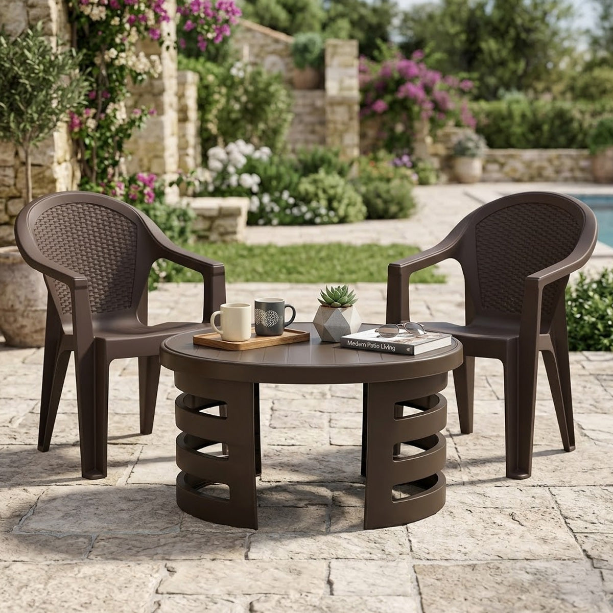 NILKAMAL EXOTICA CHAIRS AND MYSTIQUE GLASS TOP COFFEE TABLE PLASTIC OUTDOOR SET (SEASON RUST BROWN) — Nilkamal | VK Furniture Mangalore