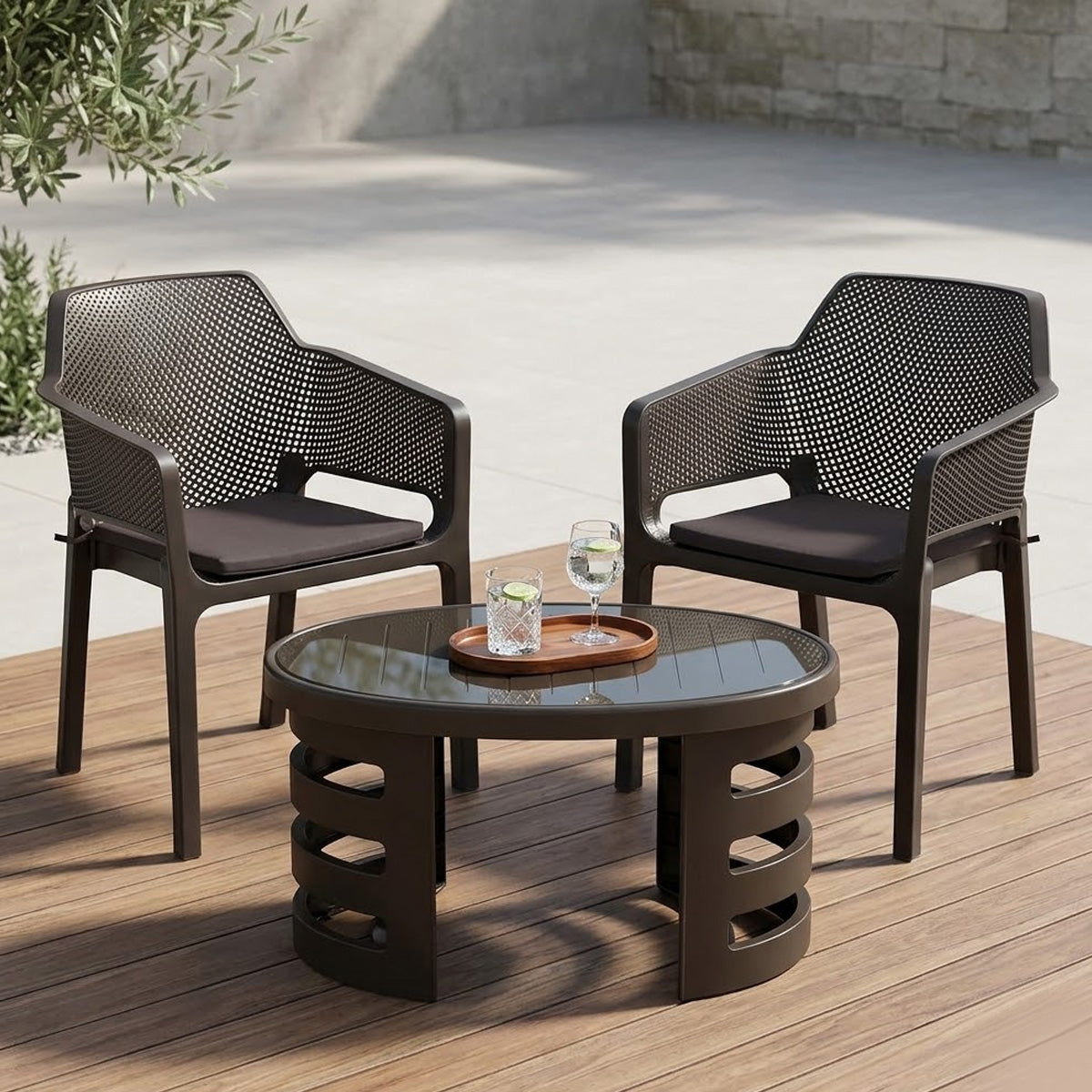 Nilkamal Captain Chairs and Mystique Glass Top Coffee Table Plastic Outdoor Set (Season Rust Brown)