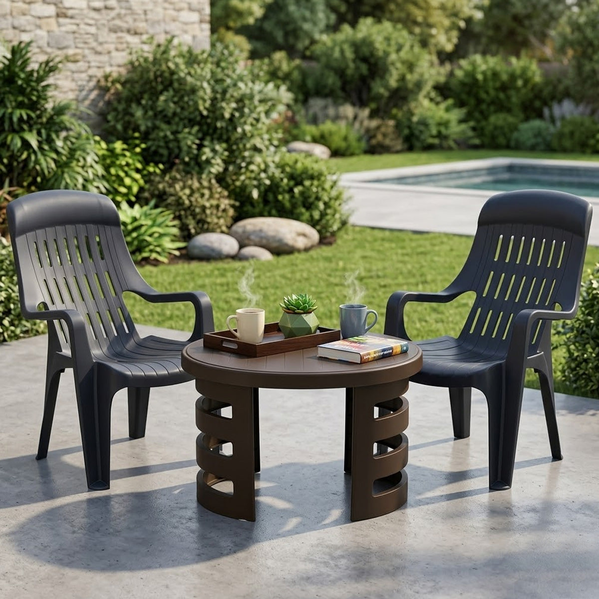 NILKAMAL WEEKENDER CHAIRS AND MYSTIQUE GLASS TOP COFFEE TABLE PLASTIC OUTDOOR SET (WEATHER BROWN & SEASON RUST BROWN) — Nilkamal | VK Furniture Mangalore