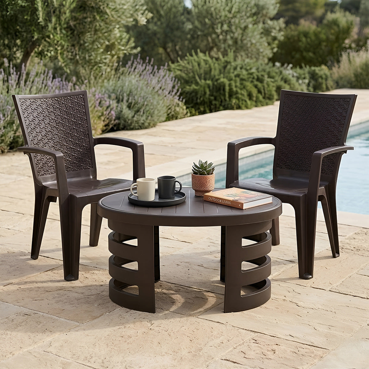 NILKAMAL CHR2225 CHAIRS AND MYSTIQUE GLASS TOP COFFEE TABLE PLASTIC OUTDOOR SET (WEATHER BROWN & SEASON RUST BROWN) — Nilkamal | VK Furniture Mangalore