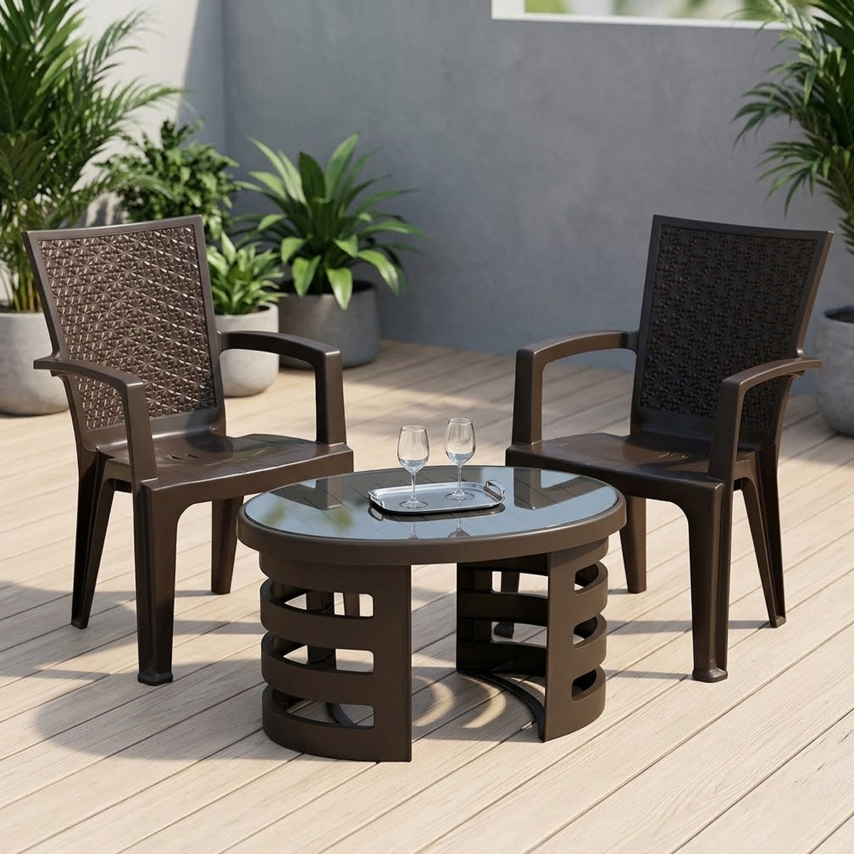 Nilkamal CHR2225 Chairs and Mystique Glass Top Coffee Table Plastic Outdoor Set (Weather Brown & Season Rust Brown)