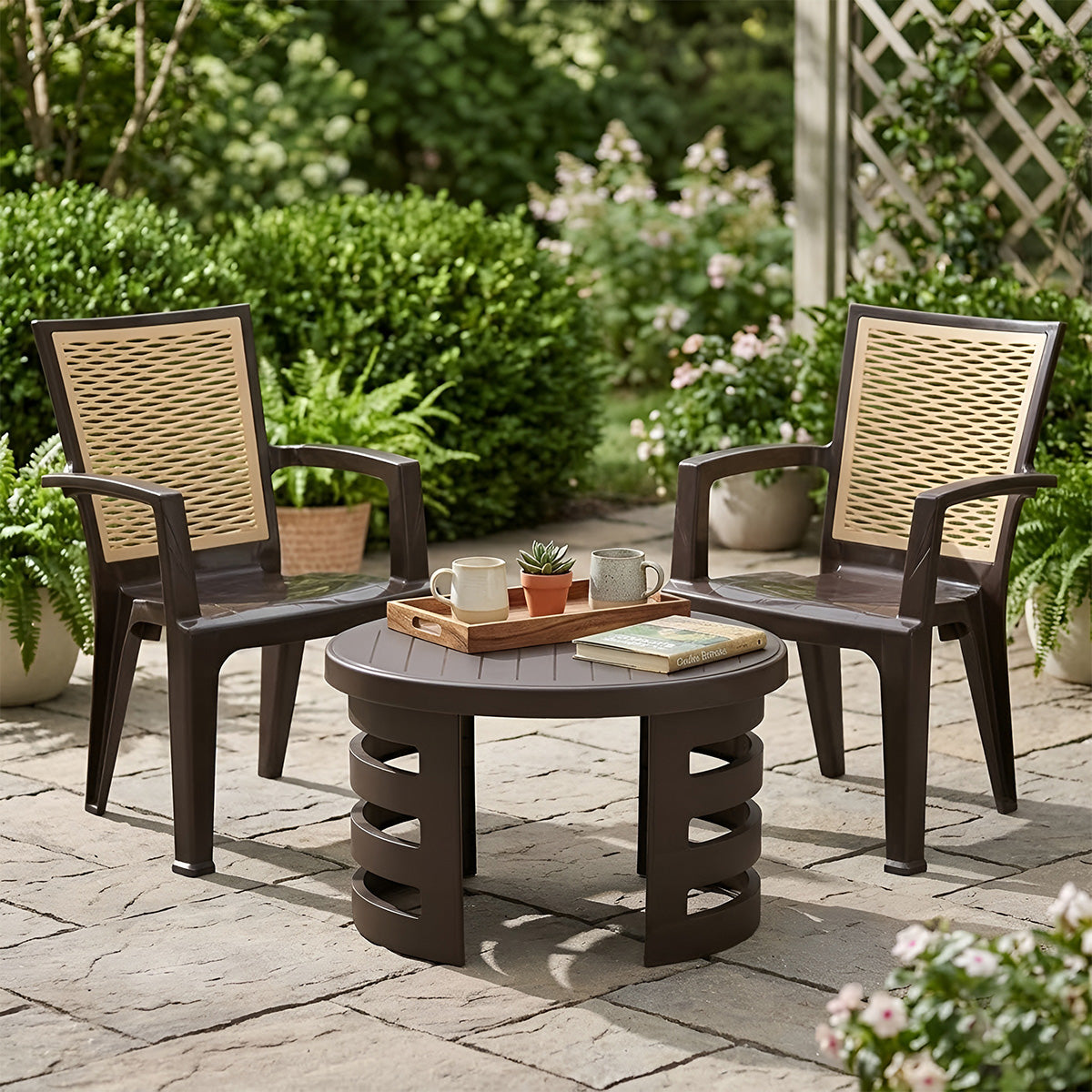 Nilkamal CHR2226 Chairs and Mystique Glass Top Coffee Table Plastic Outdoor Set (Season Rust Brown & Biscuit)