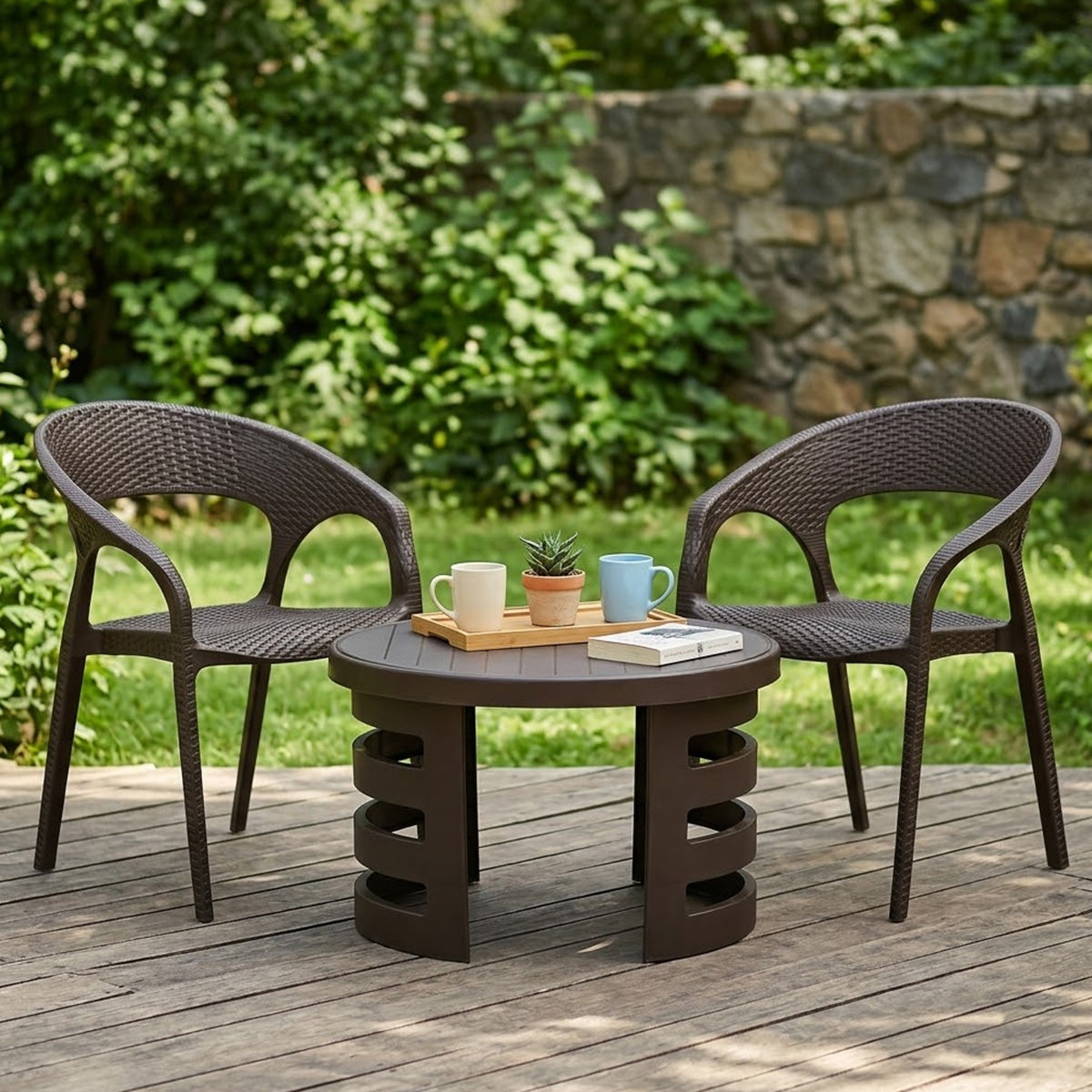 NILKAMAL CLUB CHAIRS AND MYSTIQUE GLASS TOP COFFEE TABLE PLASTIC OUTDOOR SET (SEASON RUST BROWN) — Nilkamal | VK Furniture Mangalore