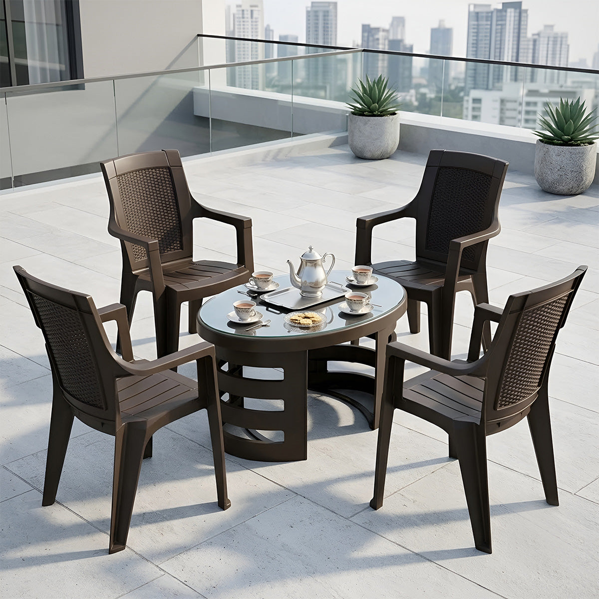 NILKAMAL MYSTIQUE PLASTIC OUTDOOR SET WITH 4 CHAIRS AND 1 TABLE (SEASON RUST BROWN) — Nilkamal | VK Furniture Mangalore