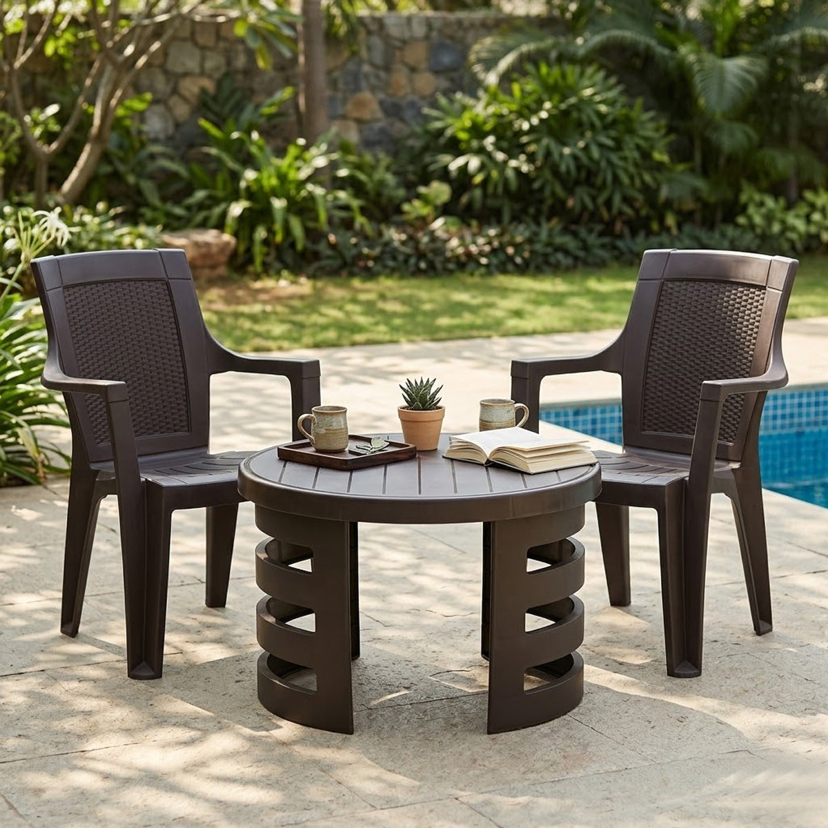 NILKAMAL MYSTIQUE PLASTIC OUTDOOR SET WITH 2 CHAIRS AND 1 TABLE (SEASON RUST BROWN) — Nilkamal | VK Furniture Mangalore