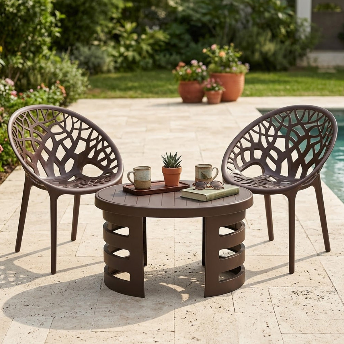 NILKAMAL CRYSTAL CHAIRS AND MYSTIQUE GLASS TOP COFFEE TABLE PLASTIC OUTDOOR SET (WEATHER BROWN & SEASON RUST BROWN) — Nilkamal | VK Furniture Mangalore