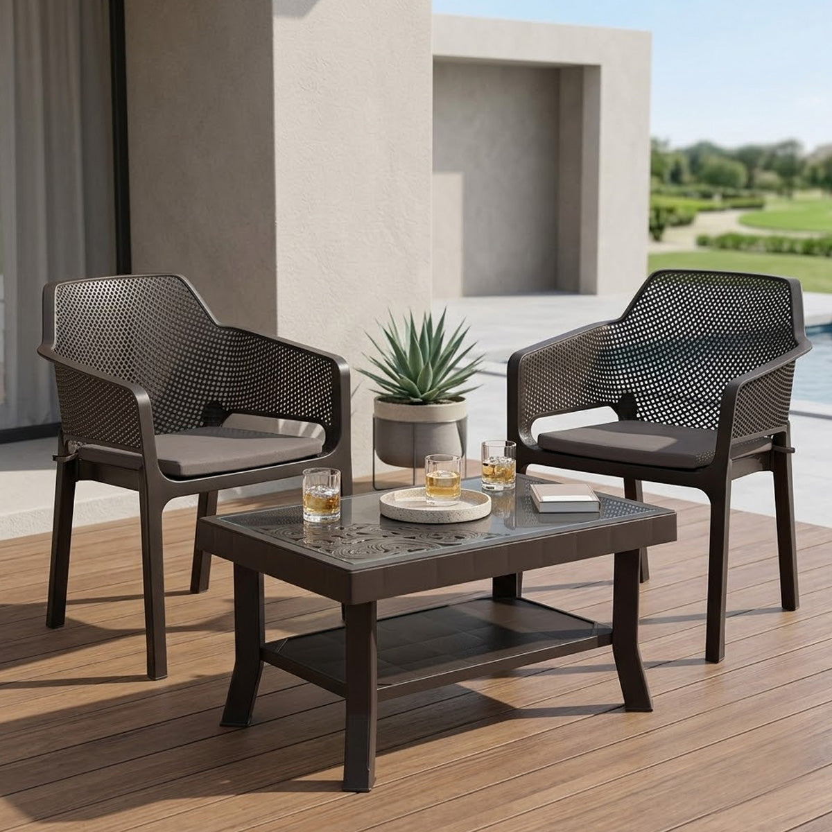 NILKAMAL CAPTAIN CHAIRS AND GLASS TOP COFFEE TABLE PLASTIC OUTDOOR SET (SEASON RUST BROWN & WEATHER BROWN) — Nilkamal | VK Furniture Mangalore