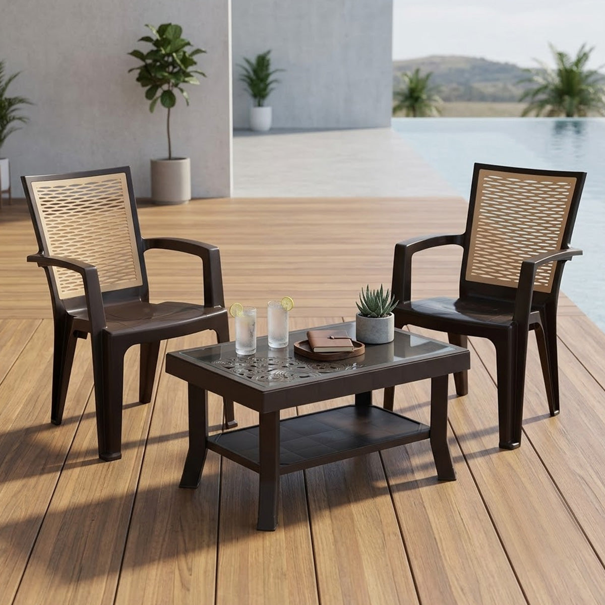 NILKAMAL CHR2226 CHAIRS AND GLASS TOP COFFEE TABLE PLASTIC OUTDOOR SET (SEASON RUST BROWN/BISCUIT & WEATHER BROWN) — Nilkamal | VK Furniture Mangalore