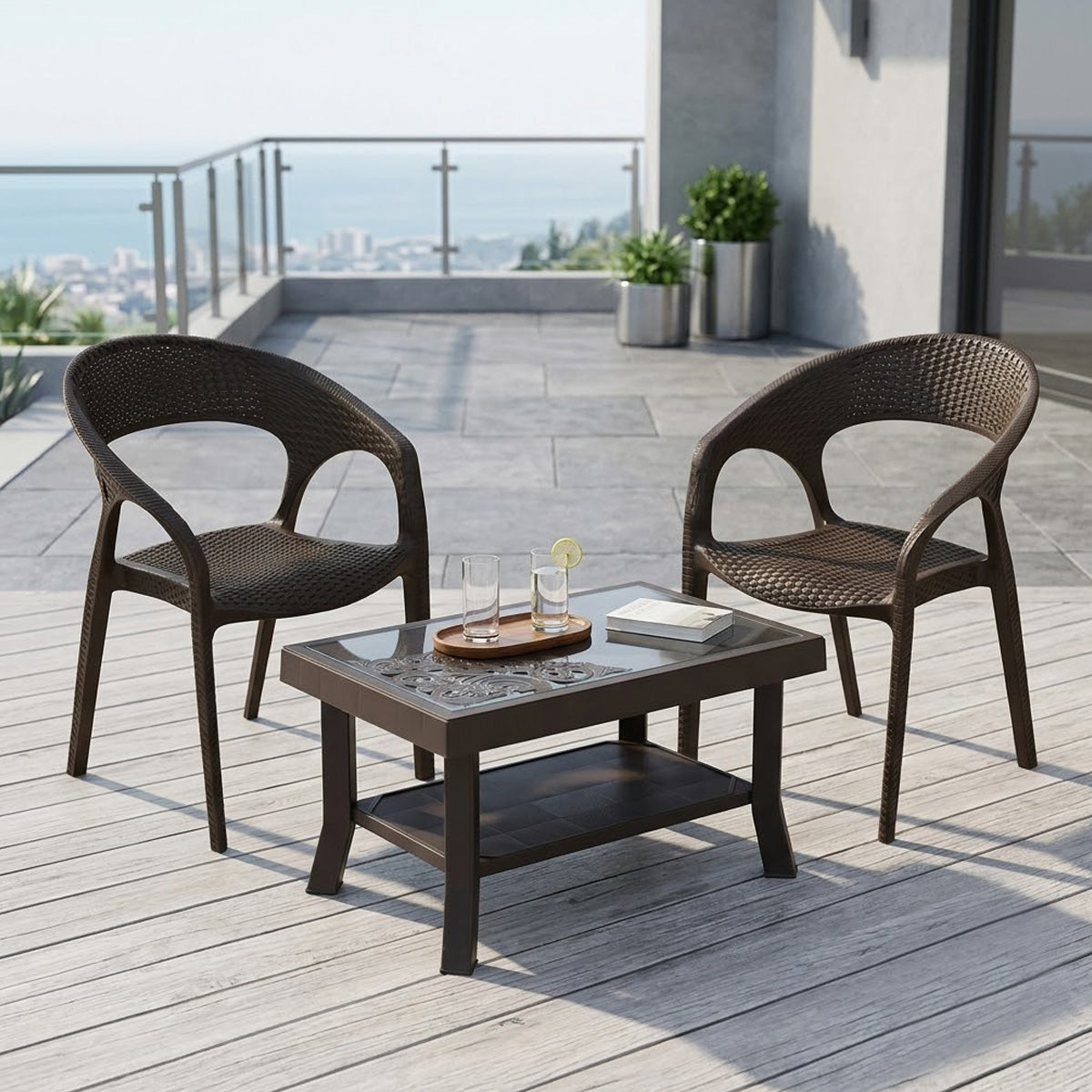 NILKAMAL CLUB CHAIRS AND GLASS TOP COFFEE TABLE PLASTIC OUTDOOR SET (SEASON RUST BROWN & WEATHER BROWN) — Nilkamal | VK Furniture Mangalore
