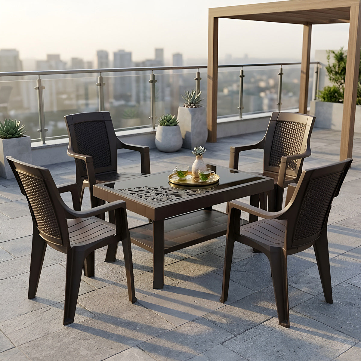 NILKAMAL MYSTIQUE CHAIRS AND GLASS TOP COFFEE TABLE PLASTIC OUTDOOR SET (4 SEATER, SEASON RUST BROWN & WEATHER BROWN) — Nilkamal | VK Furniture Mangalore