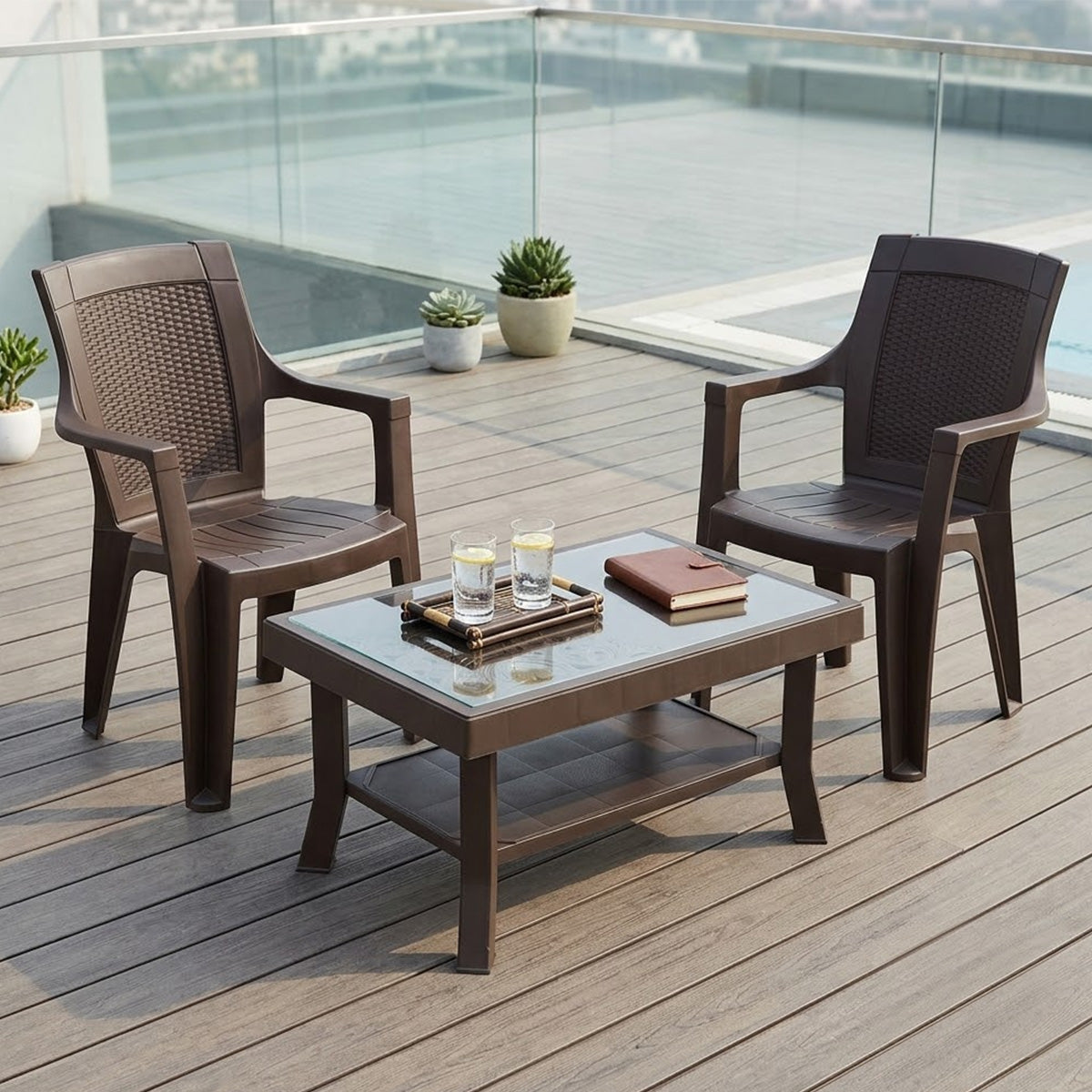 Nilkamal Mystique Chairs and Glass Top Coffee Table Plastic Outdoor Set (2 Seater, Season Rust Brown & Weather Brown)