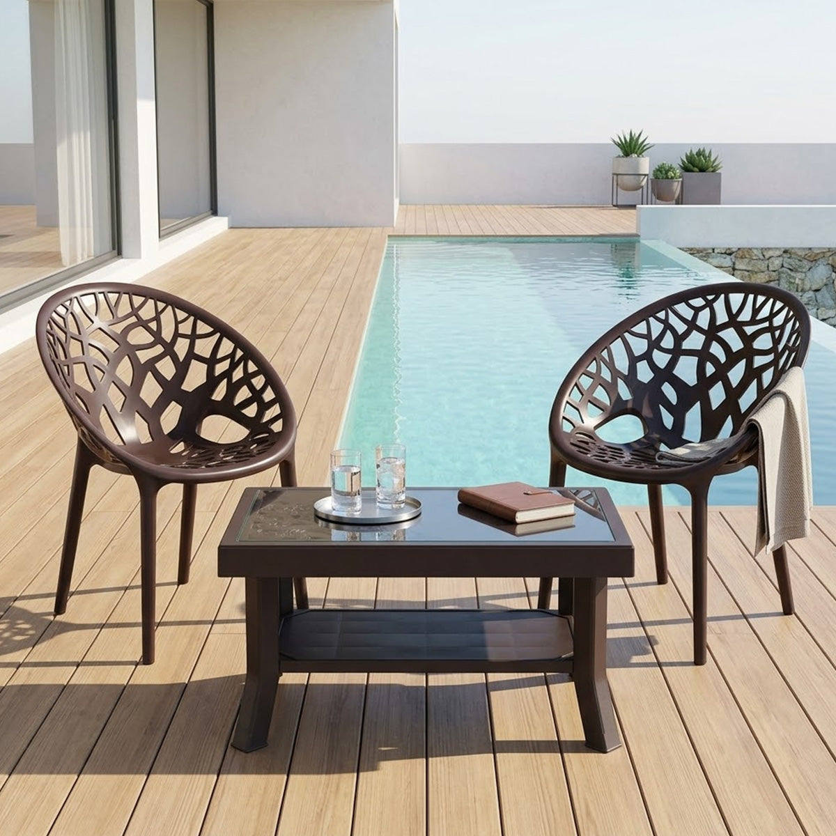 NILKAMAL CRYSTAL CHAIRS AND GLASS TOP COFFEE TABLE PLASTIC OUTDOOR SET (WEATHER BROWN) — Nilkamal | VK Furniture Mangalore