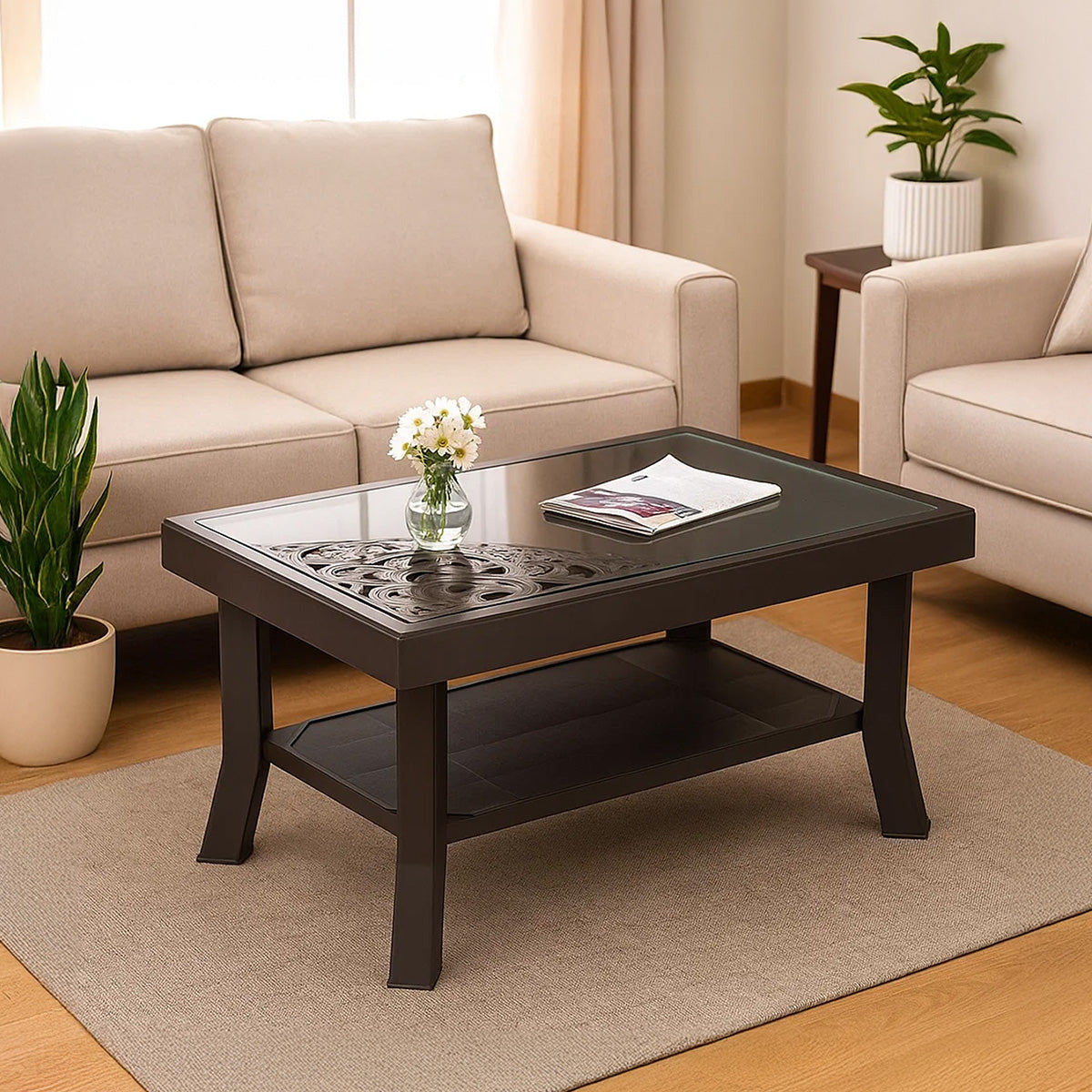 NILKAMAL CENTER TABLE 2 CARV & GLASS (WEATHER BROWN) — Nilkamal | VK Furniture Mangalore