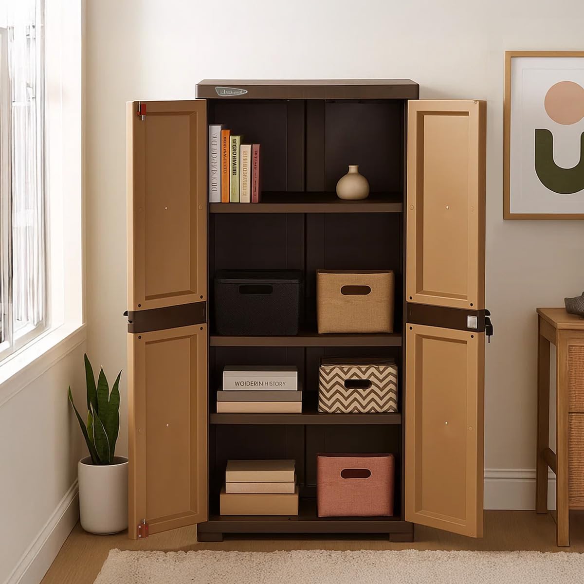 Nilkamal Freedom Mini Medium (FMM) Plastic Cabinet/Bookshelf (Sandy & Dark Brown)