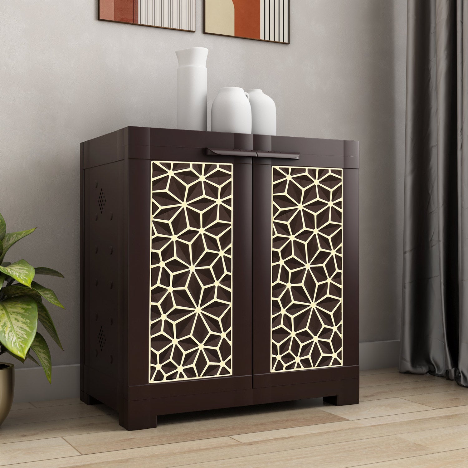 Nilkamal Freedom Star (FMSC09STR) Plastic Shoe Cabinet (Weather Brown & Biscuit) — Nilkamal | VK Furniture Mangalore