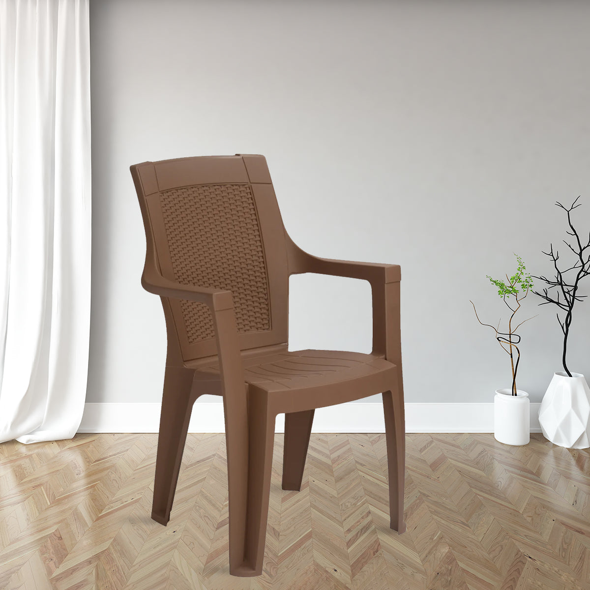 Nilkamal Mystique Plastic Arm Chair (Rattan Dark Beige) — Nilkamal | VK Furniture Mangalore