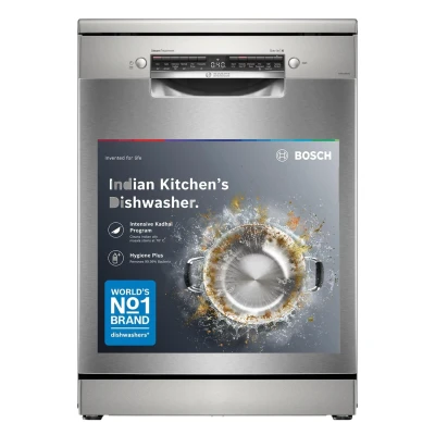 Bosch 15 Place Setting (Fits up to 80 utensils) Free Standing Dishwasher for Indian Utensils | Intensive Kadhai Program for Pressure Cooker, Home Connect (SMS6HMI00I, Silver Inox, Inbuilt Heater) — VK Furniture & Electronics | VK Furniture Mangalore
