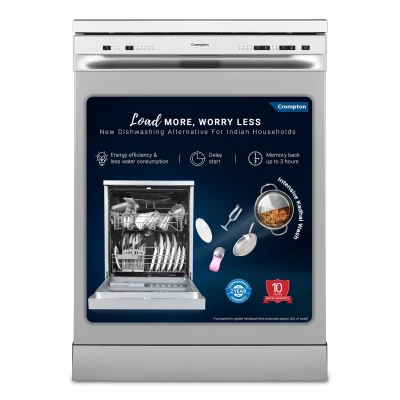 Crompton 13 Place Setting Freestanding Dishwasher with 5 Wash Program and Super Active Drying System | Energy Saving Dishwasher with Stainless Steel Tub (Voilla 13 PS ENT,Silver Inox,FS-DWVOA13PS-ENT) — VK Furniture & Electronics | VK Furniture Mangalore
