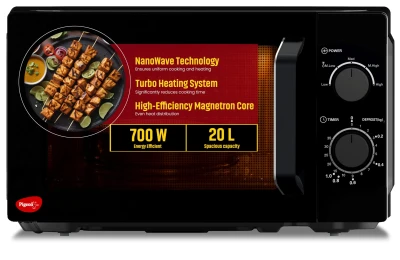 Pigeon 20L Nano Wave Solo Microwave Oven | 700 Watts | 5 power levels (Re-Heat, Pop, Cook, Steam, Defrost - SKSMWO20L) | Black