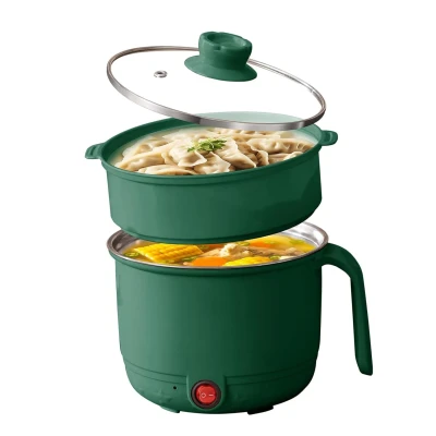 Electric Multipurpose Cooking Pot 1.2L with Steamer Basket & Glass Lid - Stainless Steel Inner Mini Cooker, Portable Hot Pot for Rice Noodles Soup Pasta | Travel Cooker for Home, Office, Hostel (Green
