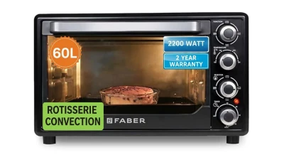 Faber 60L 2200W OTG | Bake, Toast, Roast, Grill | 4 Heating Functions, Upper & Lower Heating, Rottisserie, 360Â° Convection| Indicator Light, Auto Shut-Off, Ready Bell | Removable Crumb Tray | (Black)