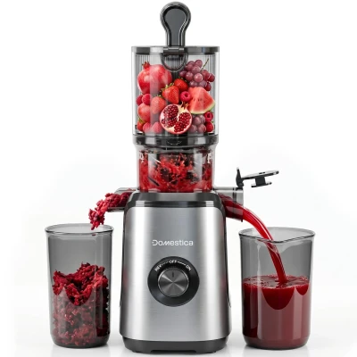 DOMESTICA Dripdrop Cold Press Juicer for Home with 108mm Wide Feed Chute | All in One Slow Juicer Machine for Fruit, Veggie & Nut Milks | Easy Assembly & Cleaning | Smart Reversal Technology — VK Furniture & Electronics | VK Furniture Mangalore
