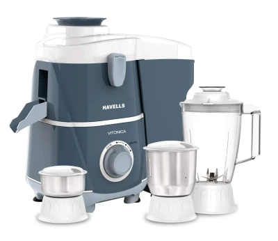 Havells Vitonica 500W Juicer Mixer Grinder 3 Stainless Steel Jars | Large Pulp Container | Foldable Juicing Spout| 2 Years Door Step Warranty by Havells (White & Light Blue) — VK Furniture & Electronics | VK Furniture Mangalore
