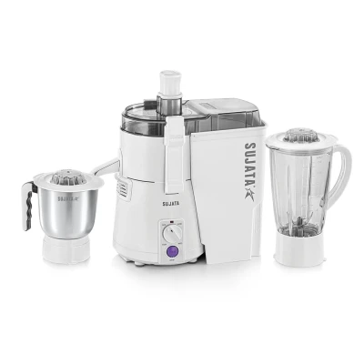 Sujata Powermatic Plus Juicer Mixer Grinder|900 Watts Double Ball Bearing Motor|22000 RPM|Non-Stop 90 Mins Running|2 Jars including 1750ml Blender, 1000ml Grinder Jar| (White) — VK Furniture & Electronics | VK Furniture Mangalore