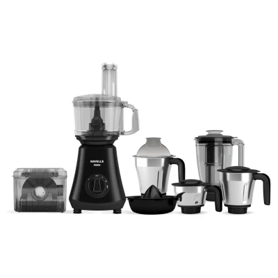 Havells Foodo 750 Watt Mixer Grinder with 5 Jars | Includes Food Processor Jar with Dual Pusher | 14-in-1 Functionality | Rust-Resistant 304 SS Blades | Storage Box | 5-Year Motor Warranty (Black)