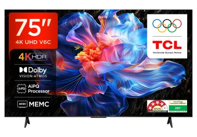 TCL 189 cm (75 inches) Metallic Bezel Less Series 4K Ultra HD Smart LED Google TV 75V6C (Black) — VK Furniture & Electronics | VK Furniture Mangalore