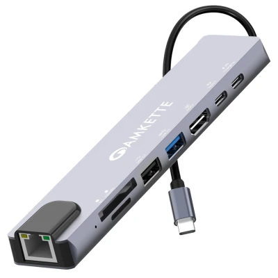 Amkette 8-in-1 Type C Hub/Docking Station with HDMI 60Hz,Data Transfer Multiport Adapter, 100W Power Delive...