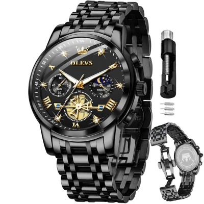 OLEVS Mens Chronograph Watch Gold Silver Stainless Steel Chain Quartz Wrist Watches Business Dress Waterproof Luminous Dat...