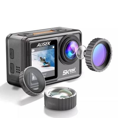 AUSHA® 5K Action Camera with Interchangeable 6 Lens Filters, EIS Stabilisation Antishake, 40M Waterproof, W...