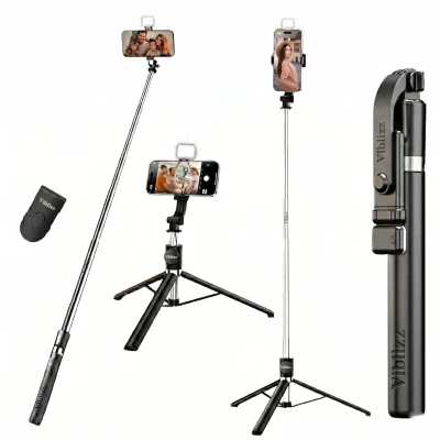 Viblizz K9 67-inch (170cm) Reinforced Selfie Stick & Tripod with Light and Bluetooth Remote. Multi-Functional Long Stand f...