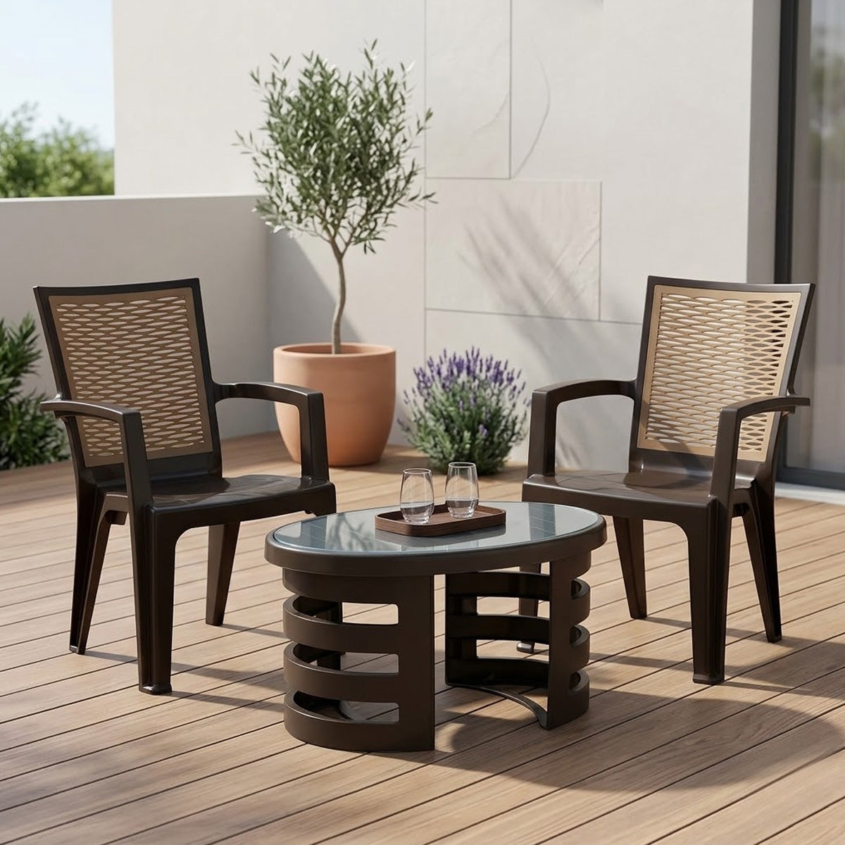 Nilkamal CHR2226 Chairs and Mystique Glass Top Coffee Table Plastic Outdoor Set (Season Rust Brown & Biscuit) - Nilkamal | VK Furniture & Electronics Mangalore
